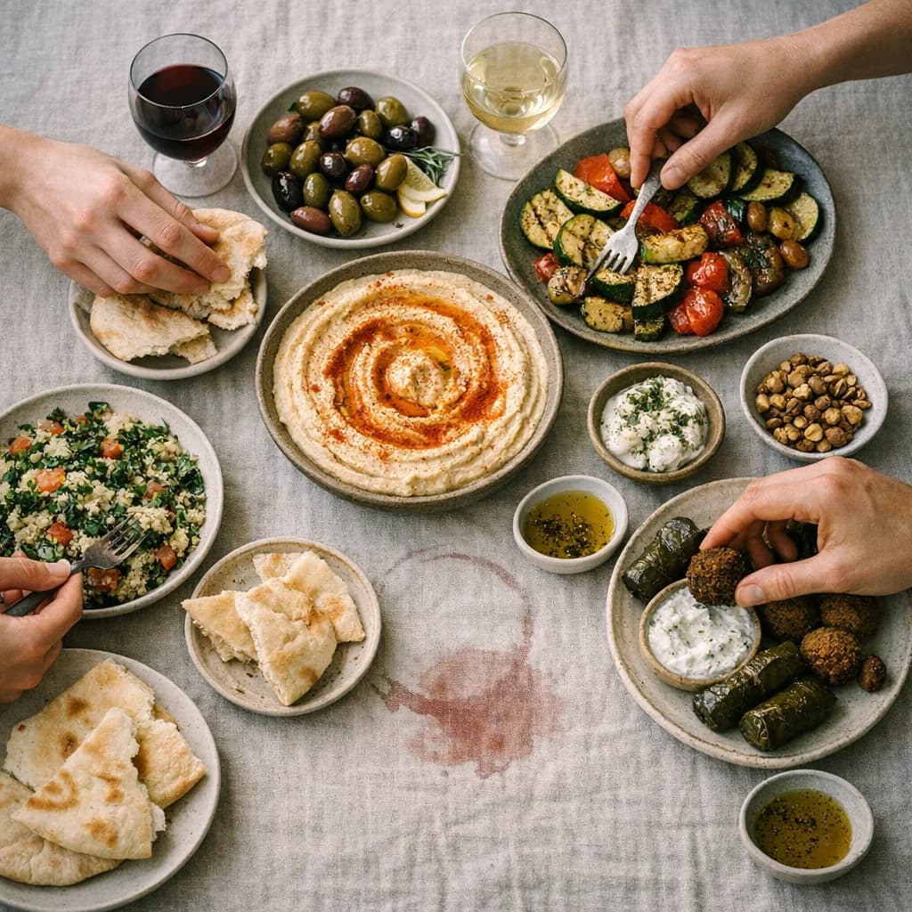 Abundant Mediterranean feast spread from above