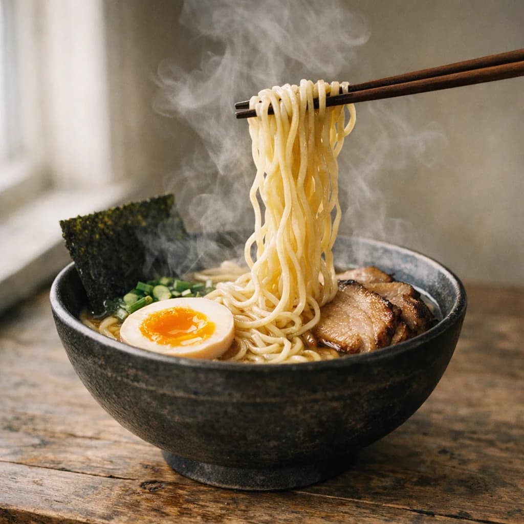 Chopsticks lifting silky ramen noodles from steaming bowl